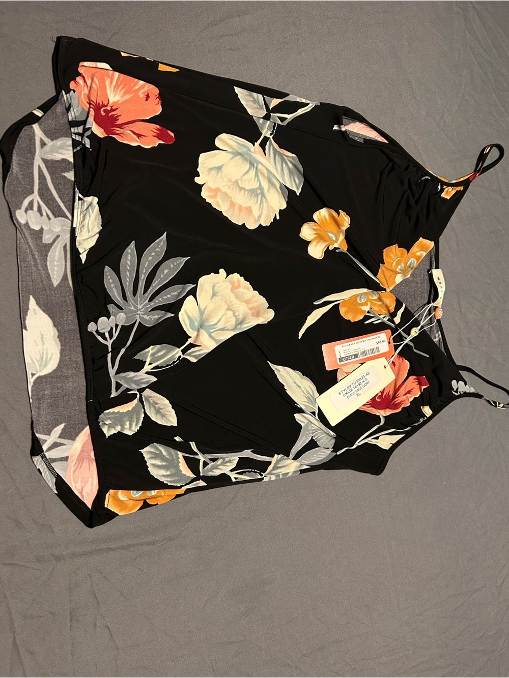 Floral Spaghetti-Strap Cami Top - Black with Orange & Cream Blooms